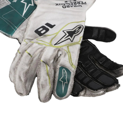 Lance Stroll 2022 Aston Martin Dutch GP F1 Racing Gloves in white and green with Cognizant Aramco Aston Martin sponsor logos and Dutch Grand Prix detailing