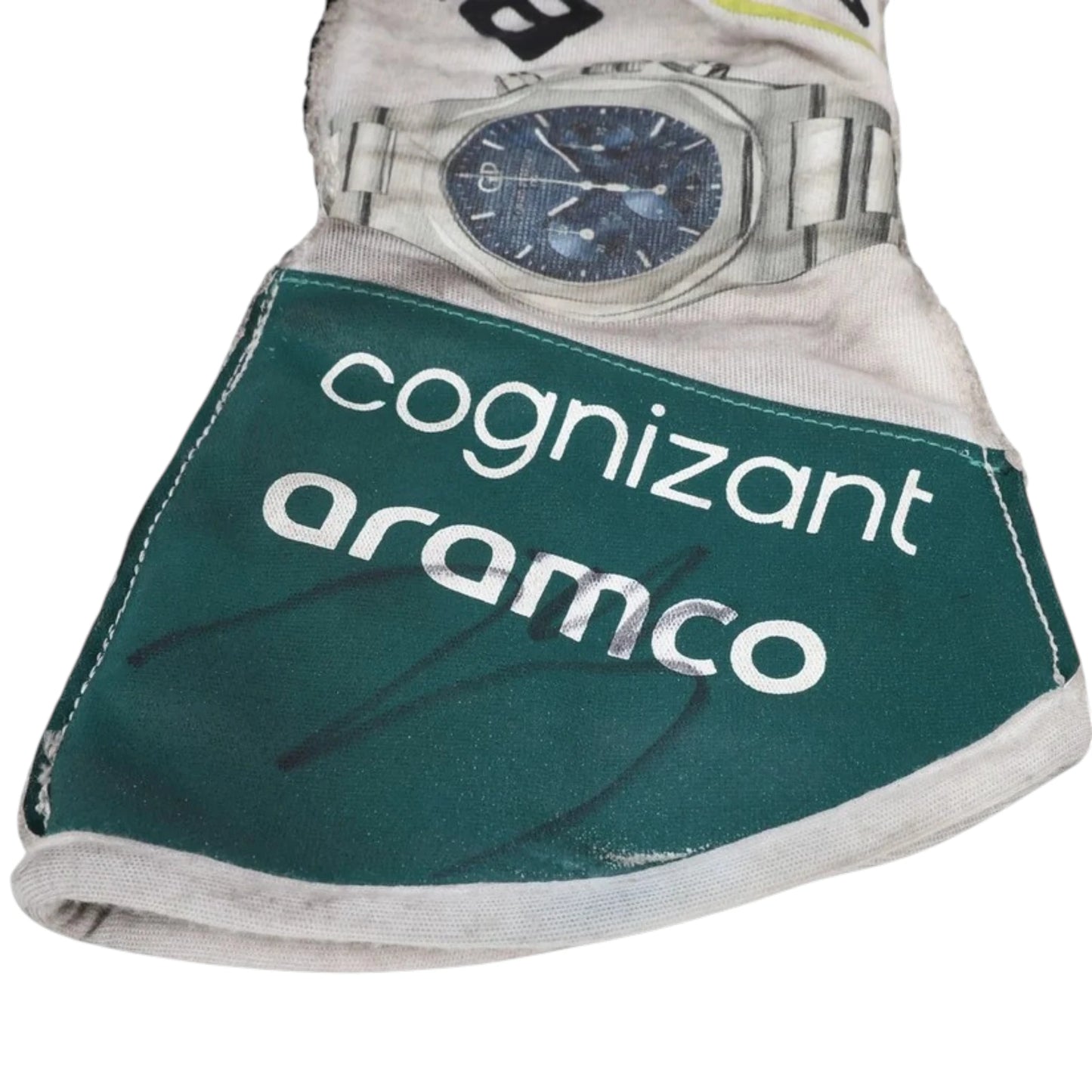 Lance Stroll 2022 Aston Martin Dutch GP F1 Racing Gloves in white and green with Cognizant Aramco Aston Martin sponsor logos and Dutch Grand Prix detailing