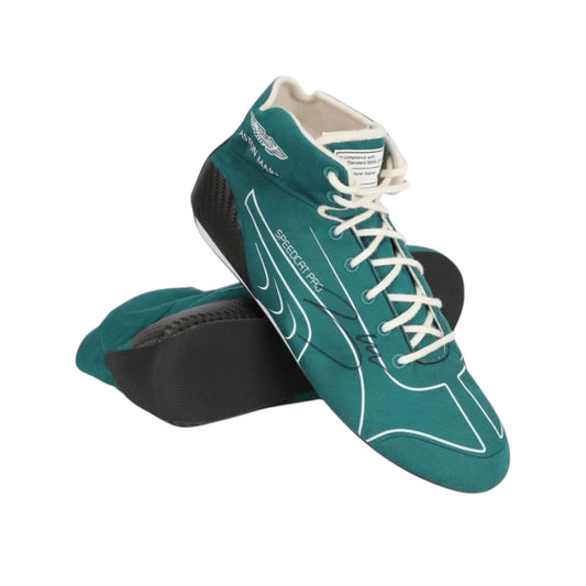 Lance Stroll 2022 Aston Martin Dutch GP F1 racing shoes featuring green Aston Martin branding and Dutch Grand Prix detailing