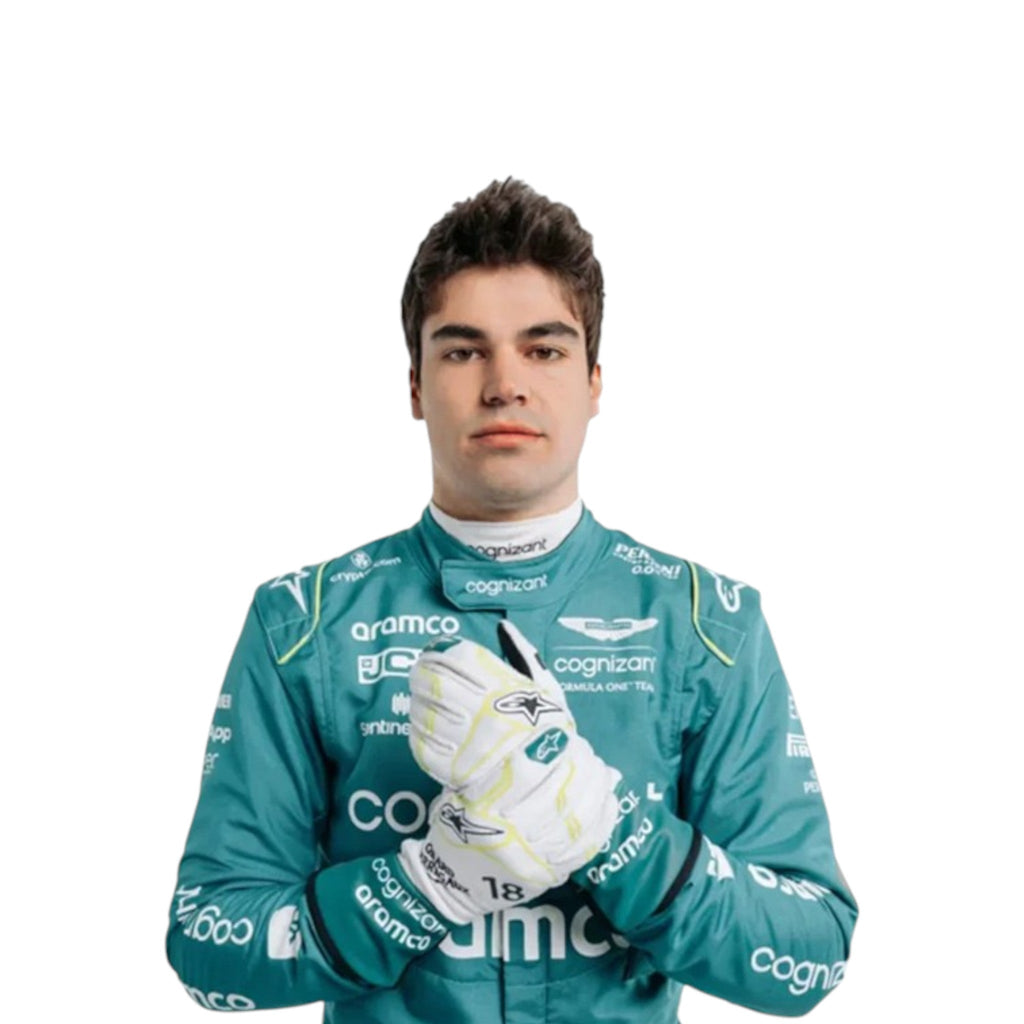 Lance Stroll 2023 Aston Martin Formula 1 race suit in deep racing green with bright lime detailing and sponsor logos