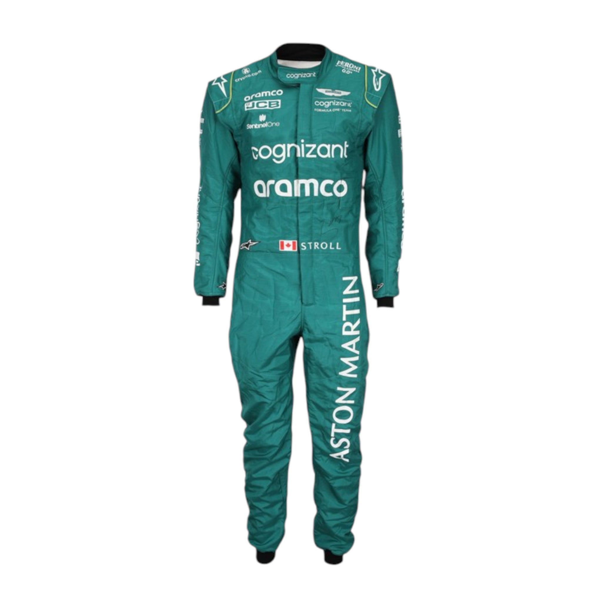 Lance Stroll 2023 Aston Martin Formula 1 race suit in deep racing green with bright lime detailing and sponsor logos