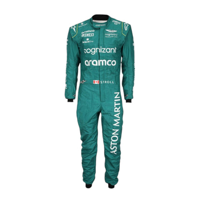 Lance Stroll 2023 Aston Martin Formula 1 race suit in deep racing green with bright lime detailing and sponsor logos