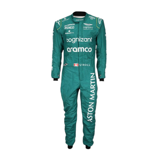 Lance Stroll 2023 Aston Martin Formula 1 race suit in deep racing green with bright lime detailing and sponsor logos