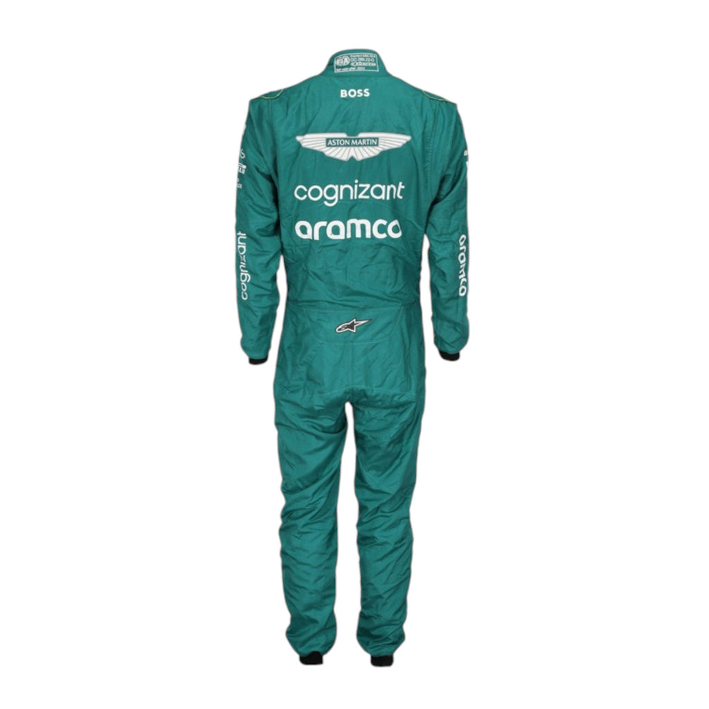 Lance Stroll 2023 Aston Martin Formula 1 race suit in deep racing green with bright lime detailing and sponsor logos