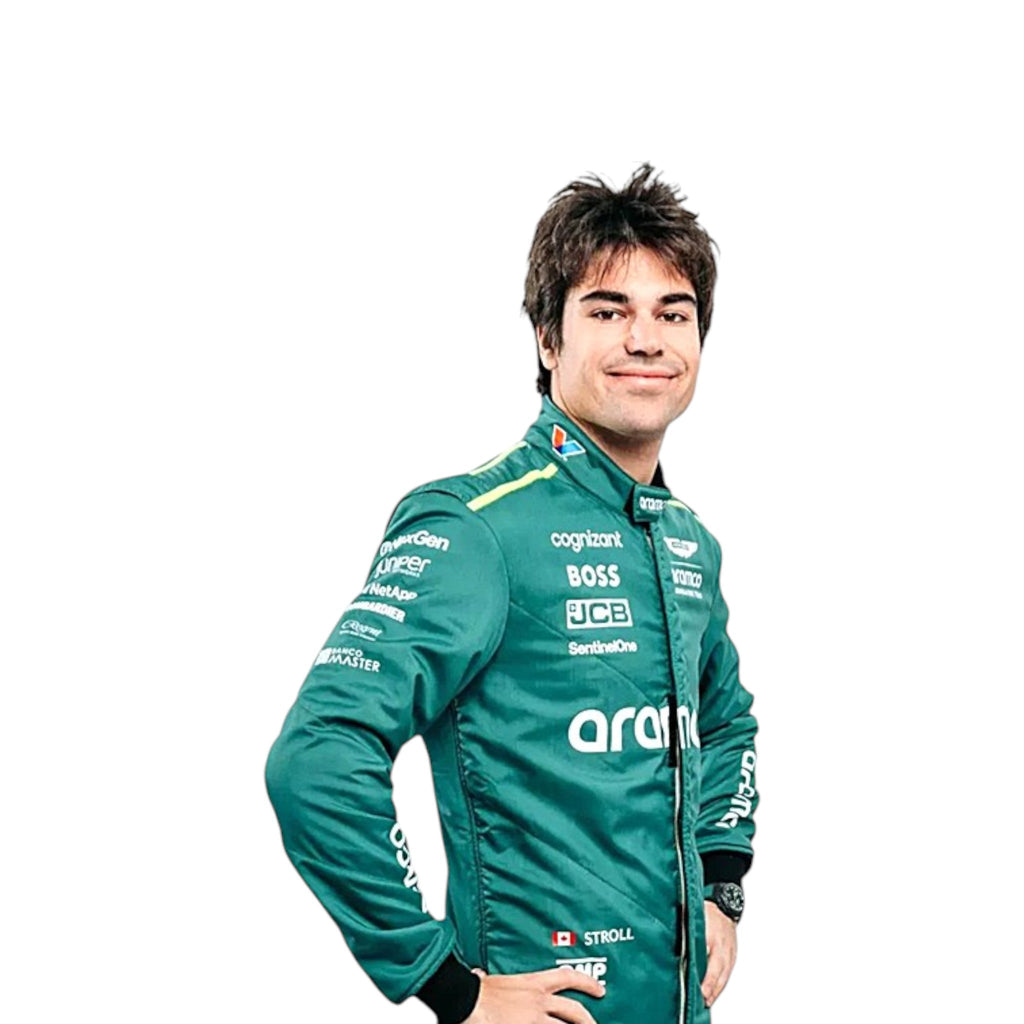Lance Stroll 2024 Aston Martin Formula 1 race suit in British racing green with lime accents and sponsor detailing