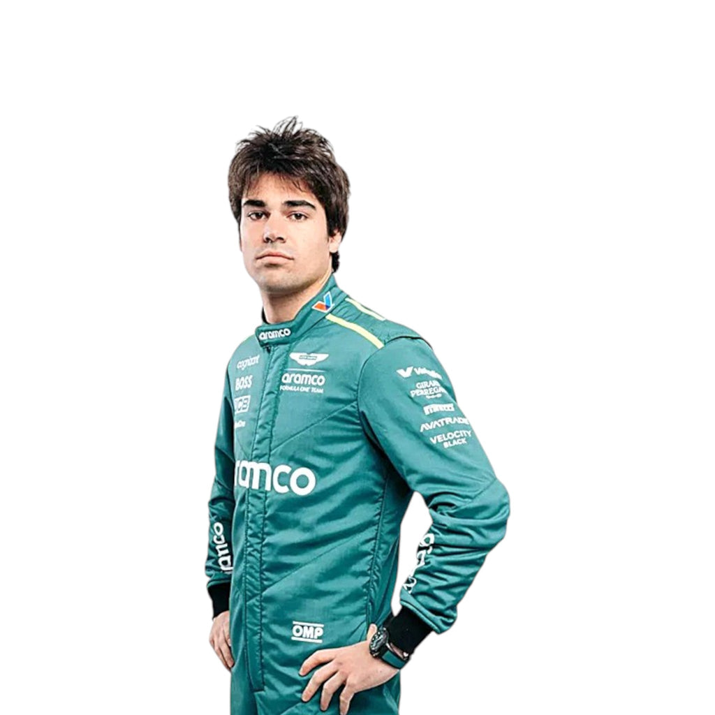 Lance Stroll 2024 Aston Martin Formula 1 race suit in British racing green with lime accents and sponsor detailing