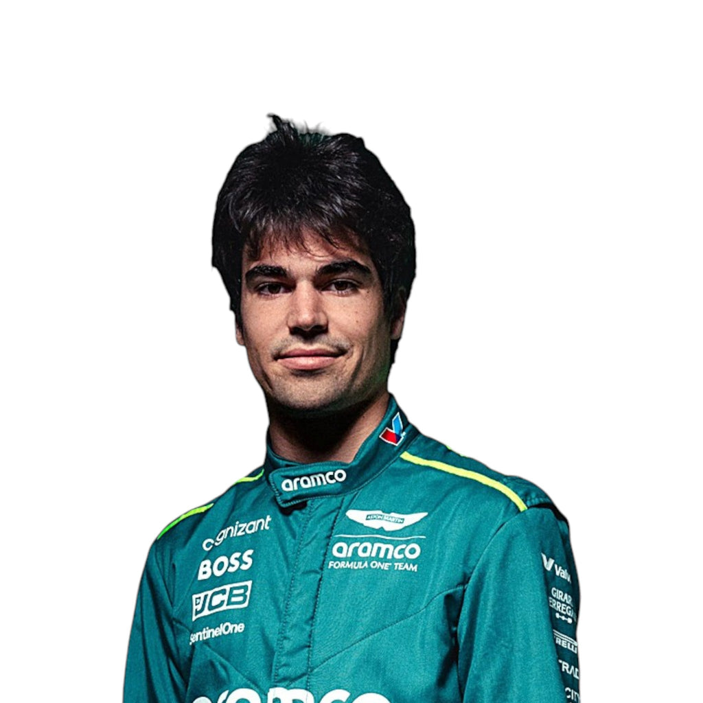 Lance Stroll 2024 Aston Martin Formula 1 race suit in British racing green with lime accents and sponsor detailing
