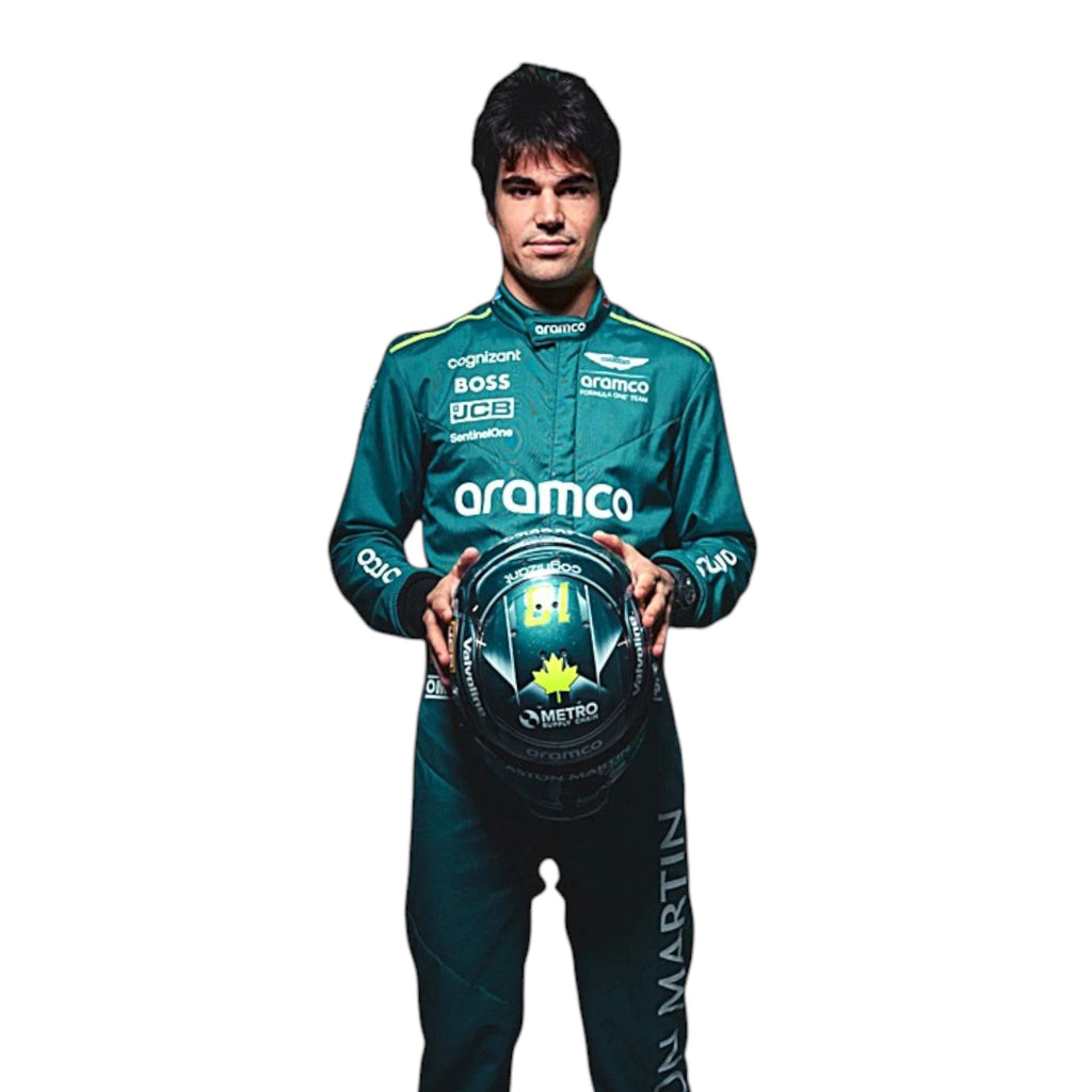 Lance Stroll 2024 Aston Martin Formula 1 race suit in British racing green with lime accents and sponsor detailing