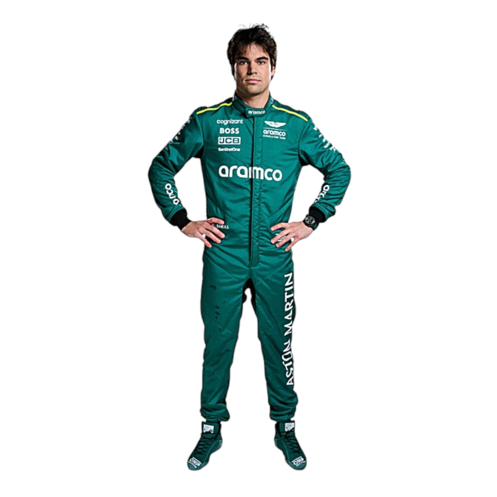 Lance Stroll 2024 Aston Martin Formula 1 race suit in British racing green with lime accents and sponsor detailing