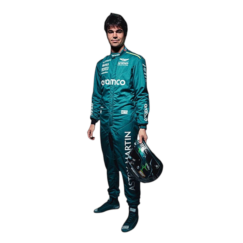 Lance Stroll 2024 Aston Martin Formula 1 race suit in British racing green with lime accents and sponsor detailing