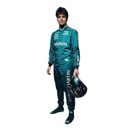 Lance Stroll 2024 Aston Martin Formula 1 race suit in British racing green with lime accents and sponsor detailing