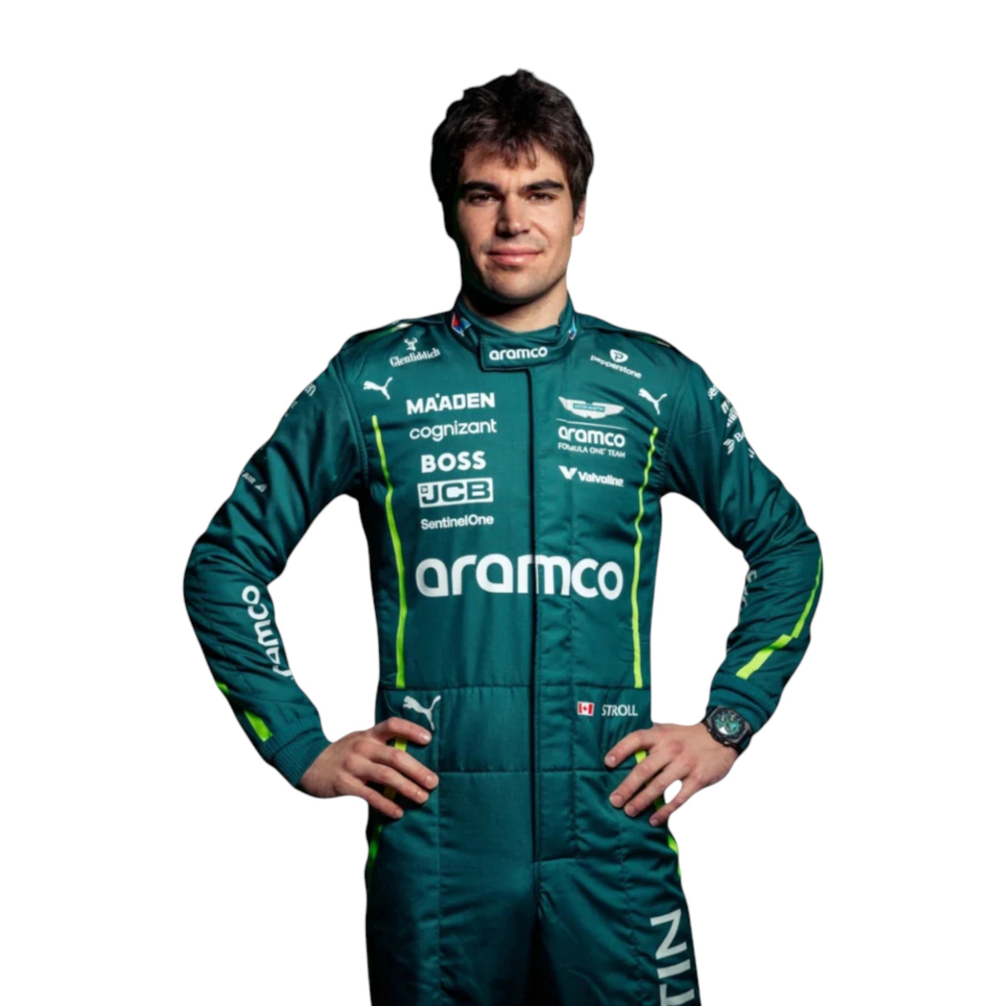 Lance Stroll 2025 Aston Martin Formula 1 race suit in racing green with lime accents and detailed sponsor branding