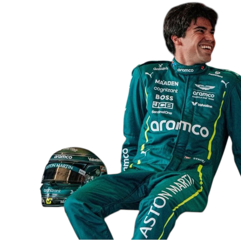 Lance Stroll 2025 Aston Martin Formula 1 race suit in racing green with lime accents and detailed sponsor branding