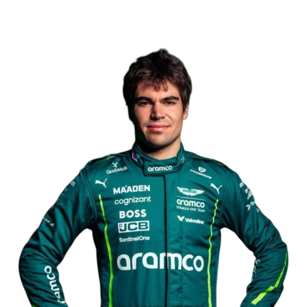 Lance Stroll 2025 Aston Martin Formula 1 race suit in racing green with lime accents and detailed sponsor branding