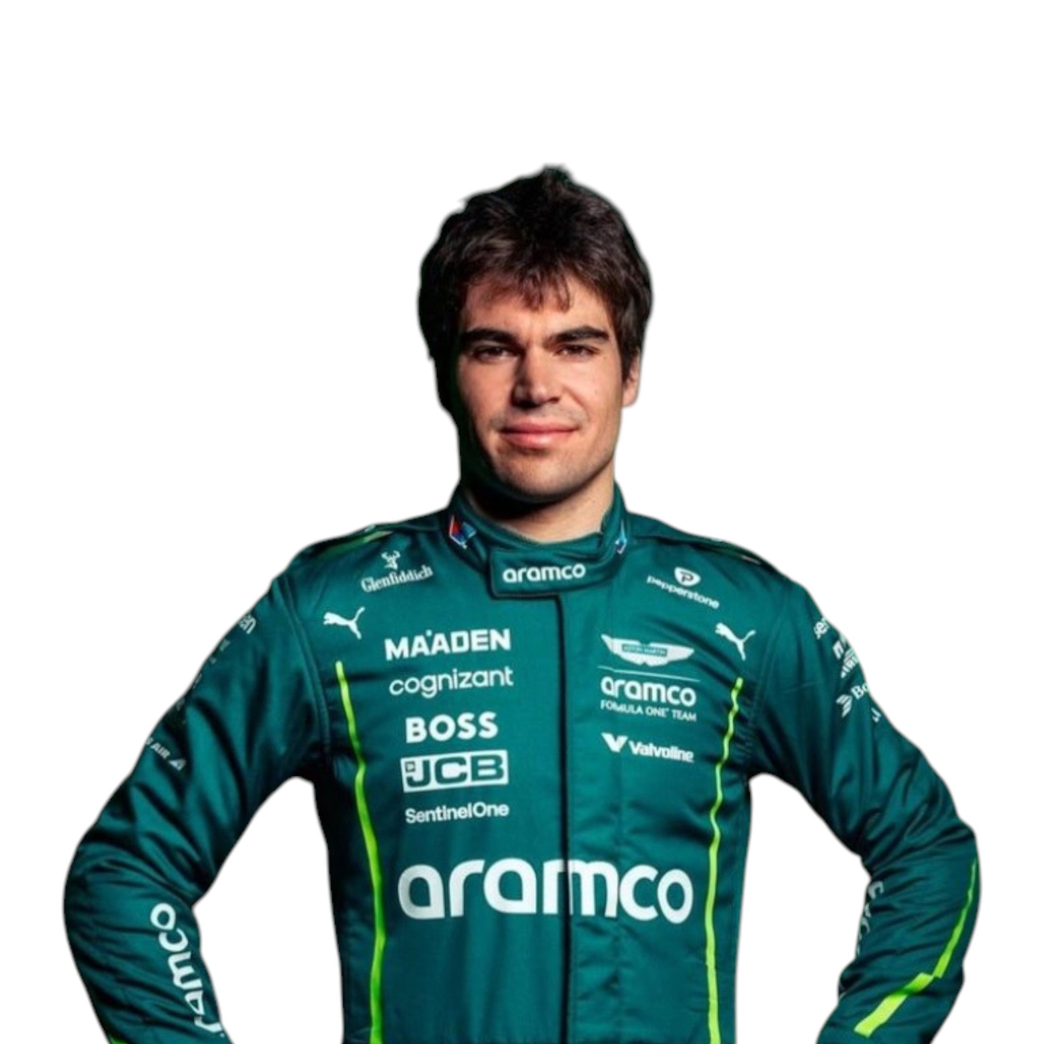 Lance Stroll 2025 Aston Martin Formula 1 race suit in racing green with lime accents and detailed sponsor branding