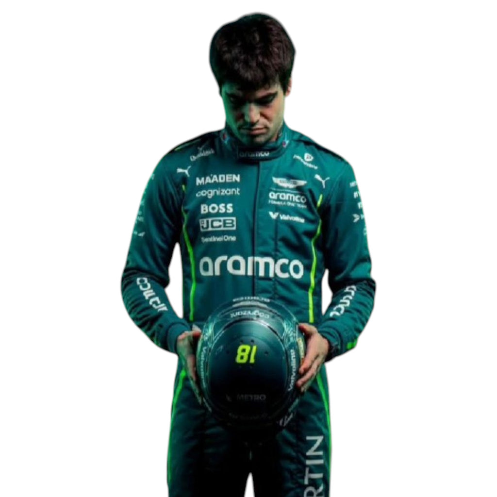 Lance Stroll 2025 Aston Martin Formula 1 race suit in racing green with lime accents and detailed sponsor branding