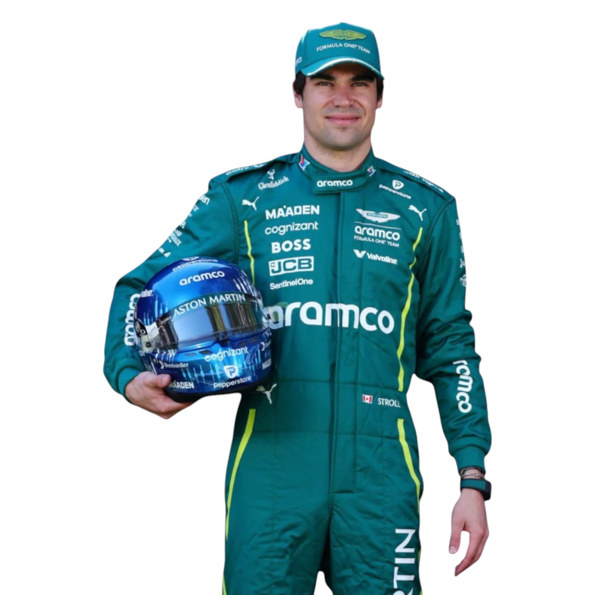 Lance Stroll 2025 Aston Martin Formula 1 race suit in racing green with lime accents and detailed sponsor branding