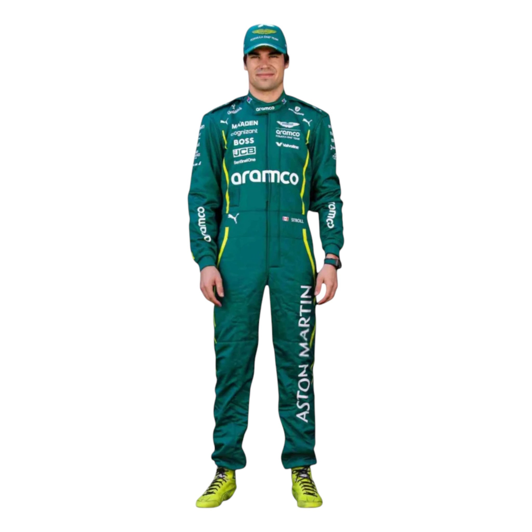 Lance Stroll 2025 Aston Martin Formula 1 race suit in racing green with lime accents and detailed sponsor branding