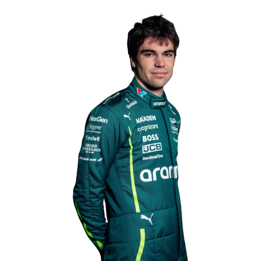 Lance Stroll 2025 Aston Martin Formula 1 race suit in racing green with lime accents and detailed sponsor branding