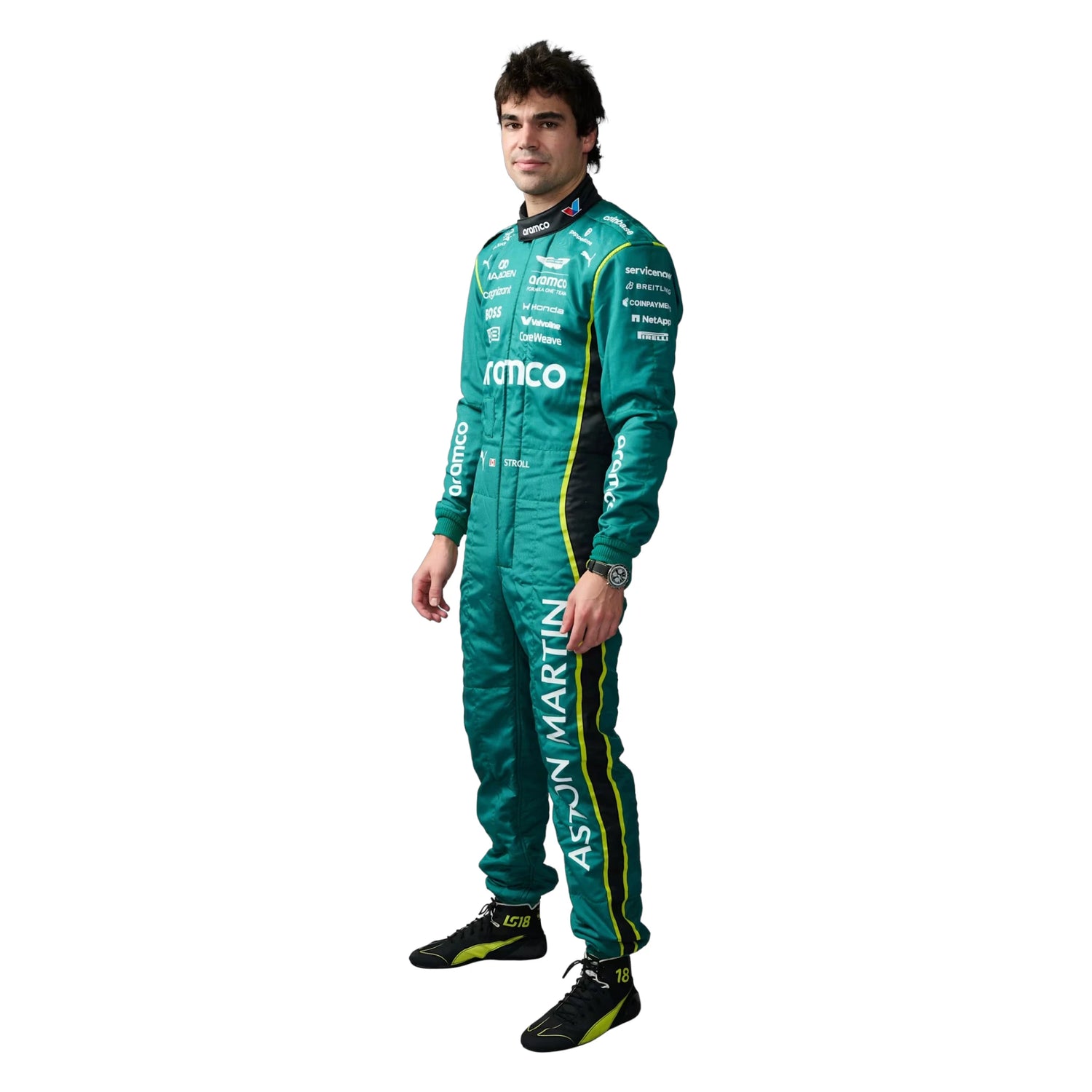 Lance Stroll 2026 Aston Martin F1 race suit in British racing green with lime accents and sponsor logos