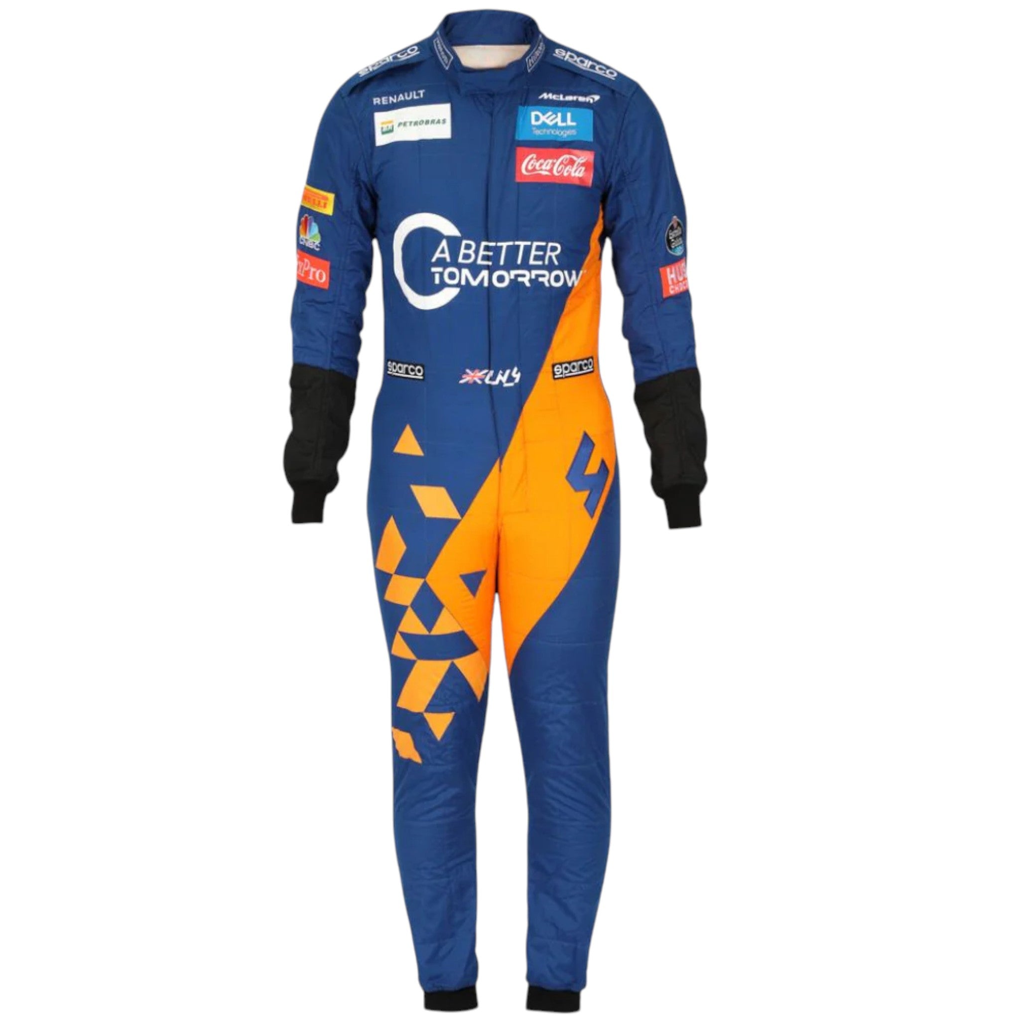 Lando Norris 2019 McLaren F1 race suit in blue with papaya orange panels and sponsor logos