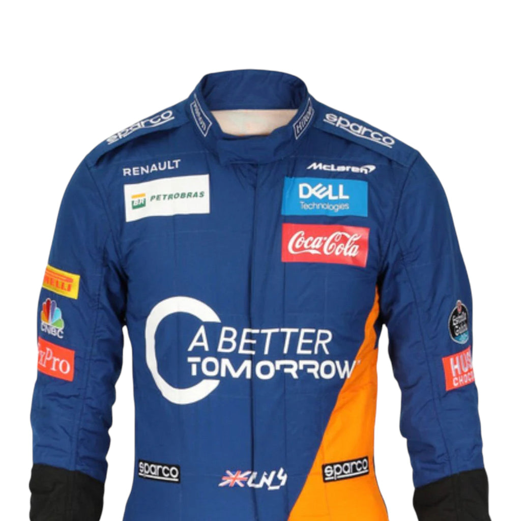 Lando Norris 2019 McLaren F1 race suit in blue with papaya orange panels and sponsor logos