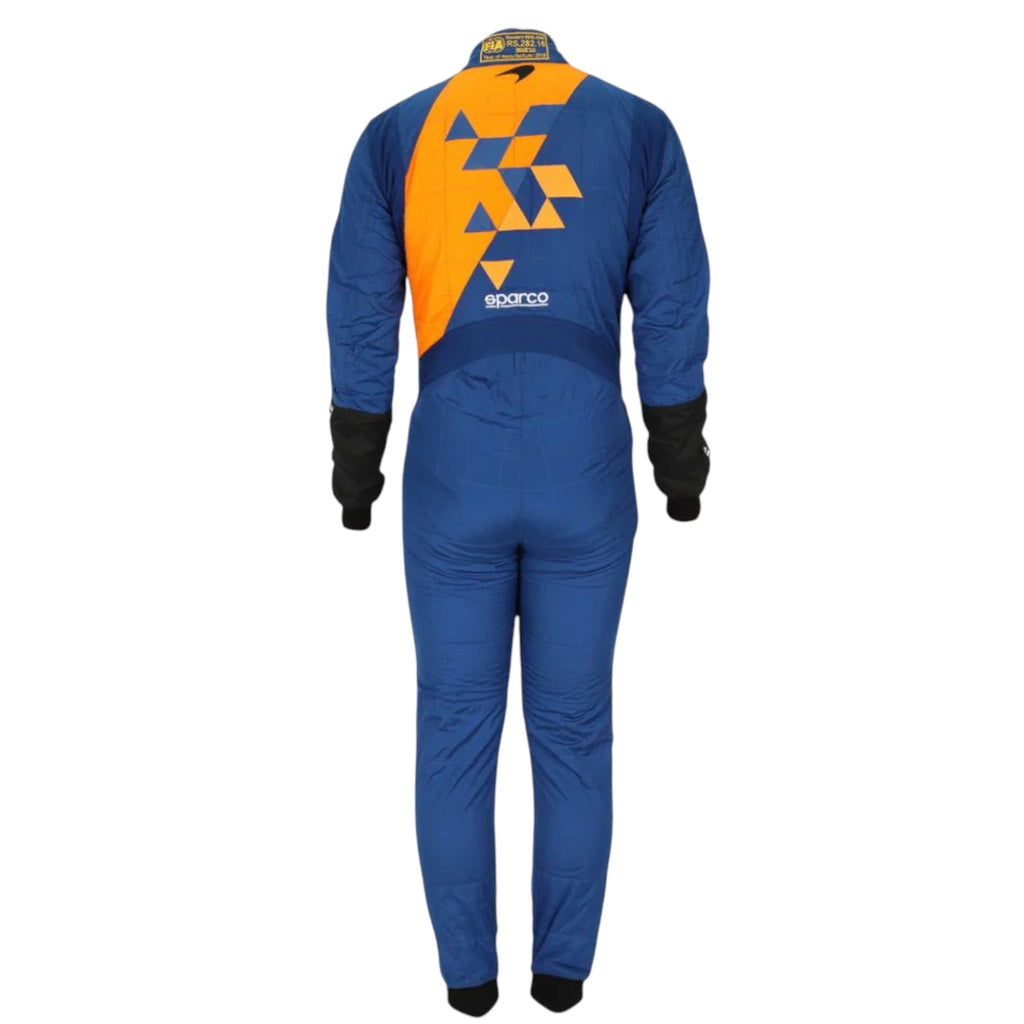 Lando Norris 2019 McLaren F1 race suit in blue with papaya orange panels and sponsor logos