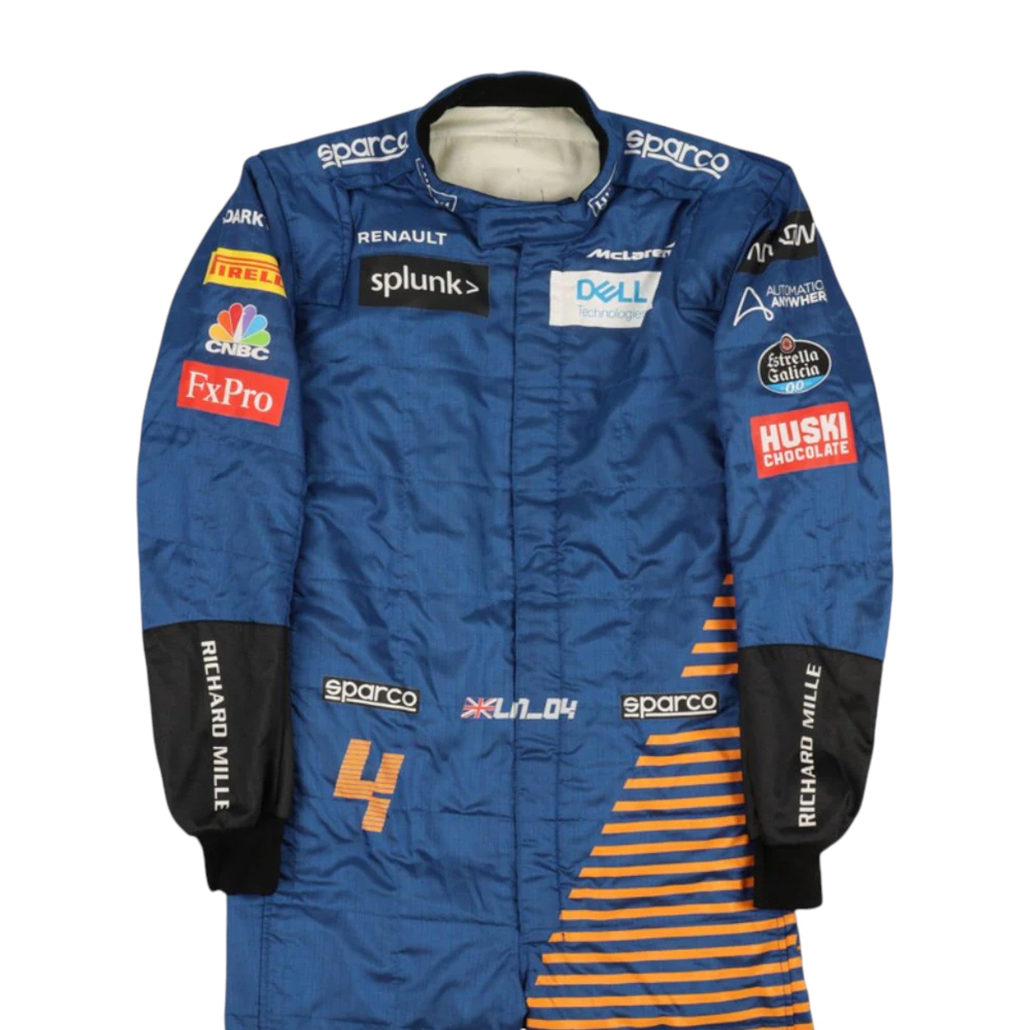 Lando Norris 2020 McLaren F1 race suit in blue with papaya orange striped side panel and sponsor logos