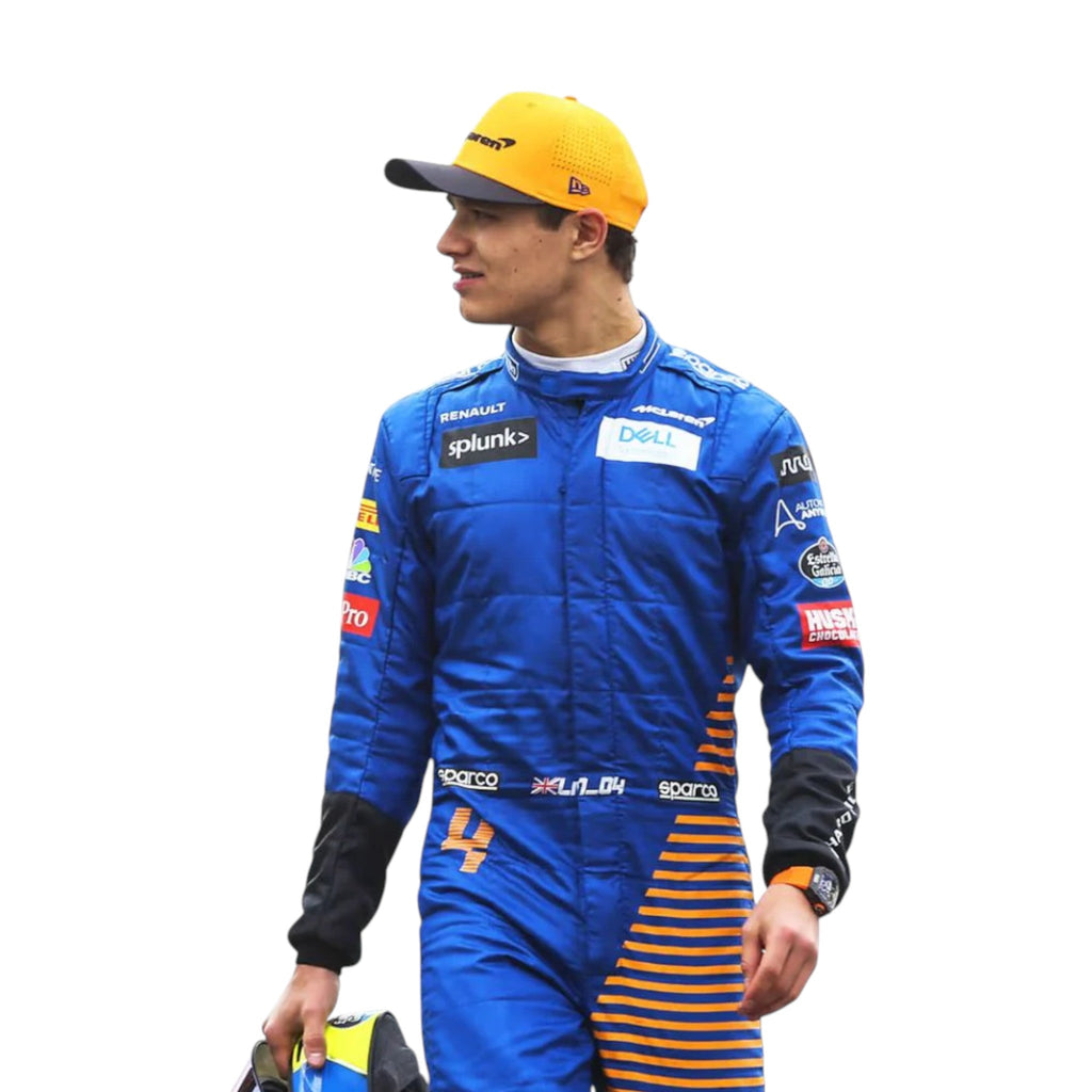 Lando Norris 2020 McLaren F1 race suit in blue with papaya orange striped side panel and sponsor logos