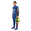Lando Norris 2021 McLaren F1 race suit in blue with papaya orange panels and black detailing with sponsor logos