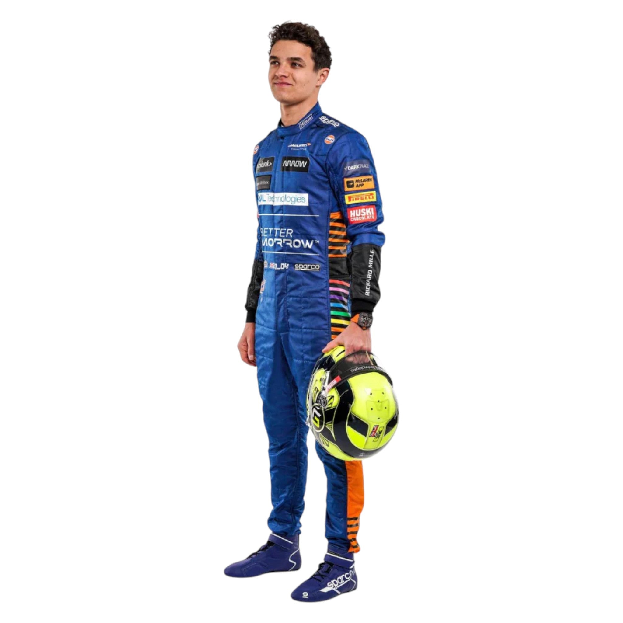 Lando Norris 2021 McLaren F1 race suit in blue with papaya orange panels and black detailing with sponsor logos