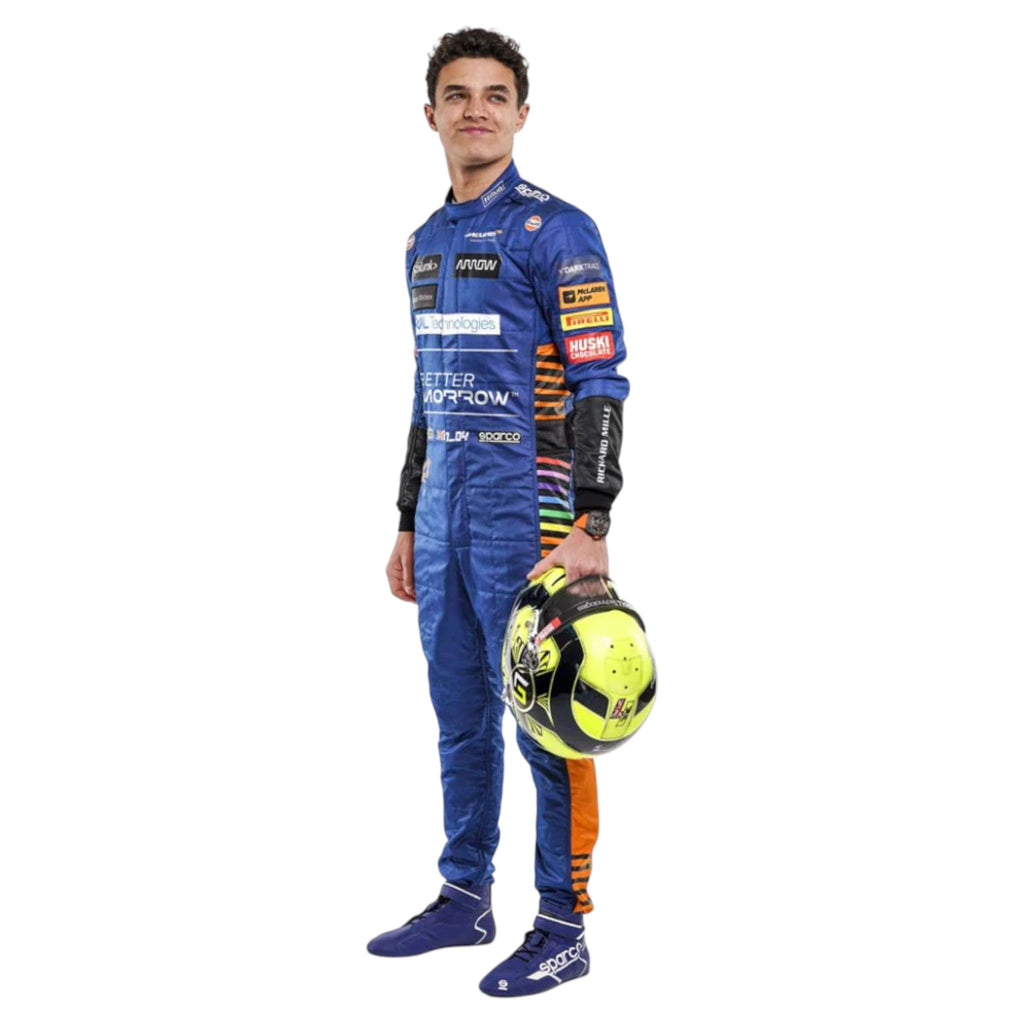 Lando Norris 2021 McLaren F1 race suit in blue with papaya orange panels and black detailing with sponsor logos