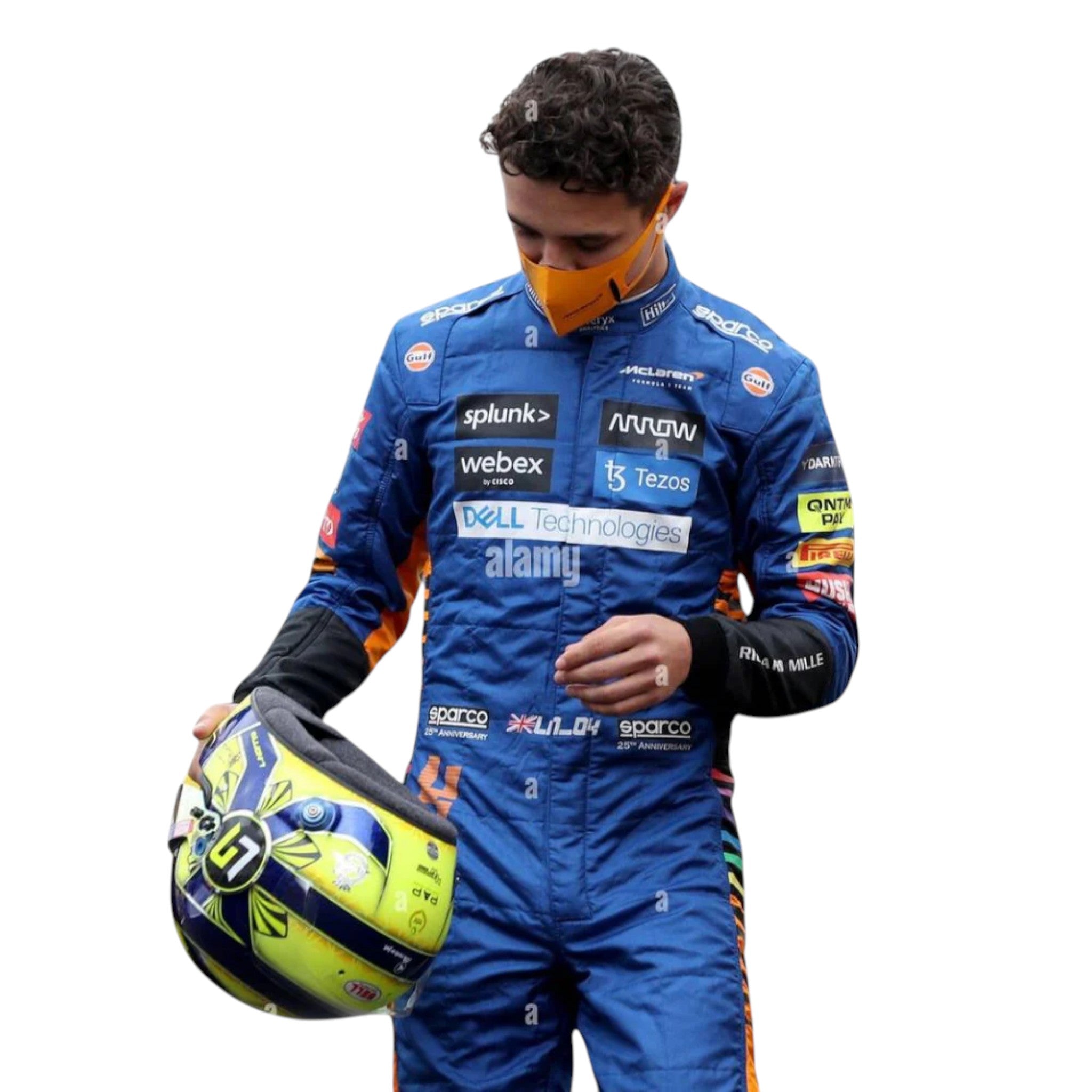 Lando Norris 2021 McLaren F1 race suit in blue with papaya orange panels and black detailing with sponsor logos