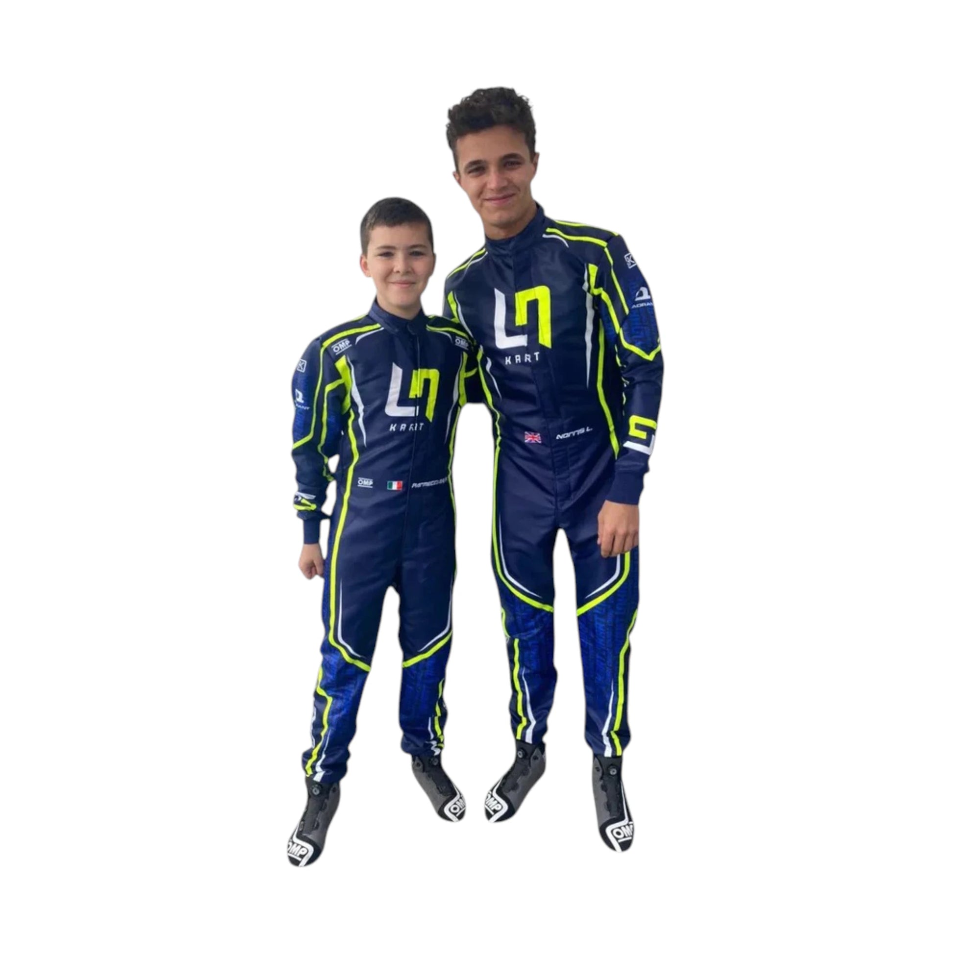 Lando Norris 2022 LN OMP Go Kart Racing Suit featuring LN inspired karting graphics and professional motorsport detailing