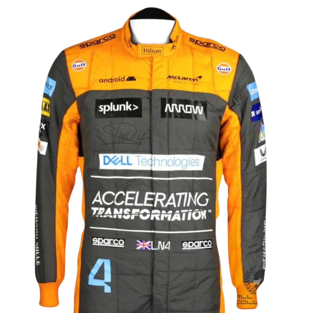 Lando Norris 2022 McLaren F1 race suit in papaya orange and grey with blue accents and sponsor logos