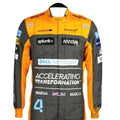 Lando Norris 2022 McLaren F1 race suit in papaya orange and grey with blue accents and sponsor logos