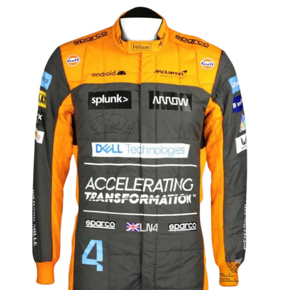 Lando Norris 2022 McLaren F1 race suit in papaya orange and grey with blue accents and sponsor logos