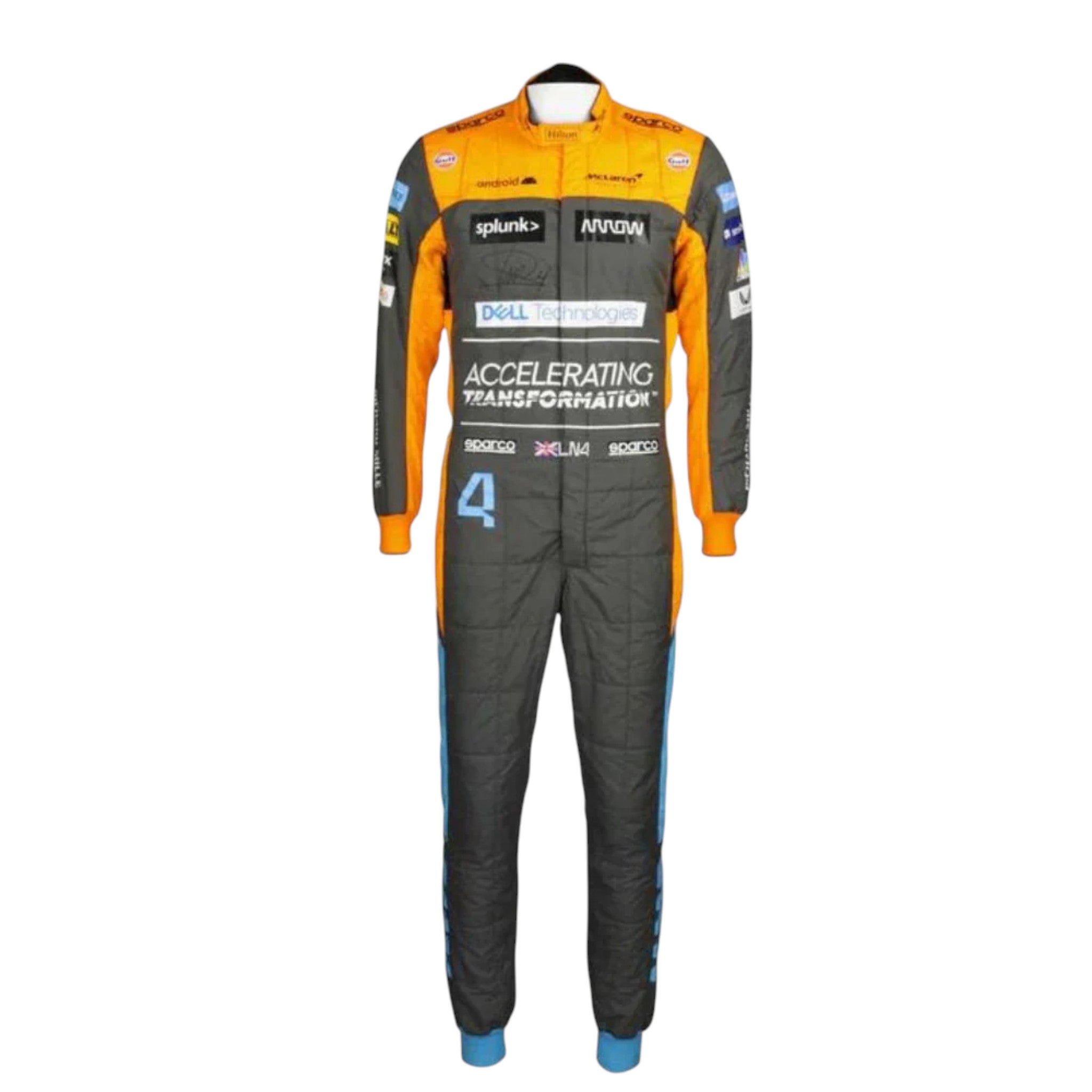 Lando Norris 2022 McLaren F1 race suit in papaya orange and grey with blue accents and sponsor logos