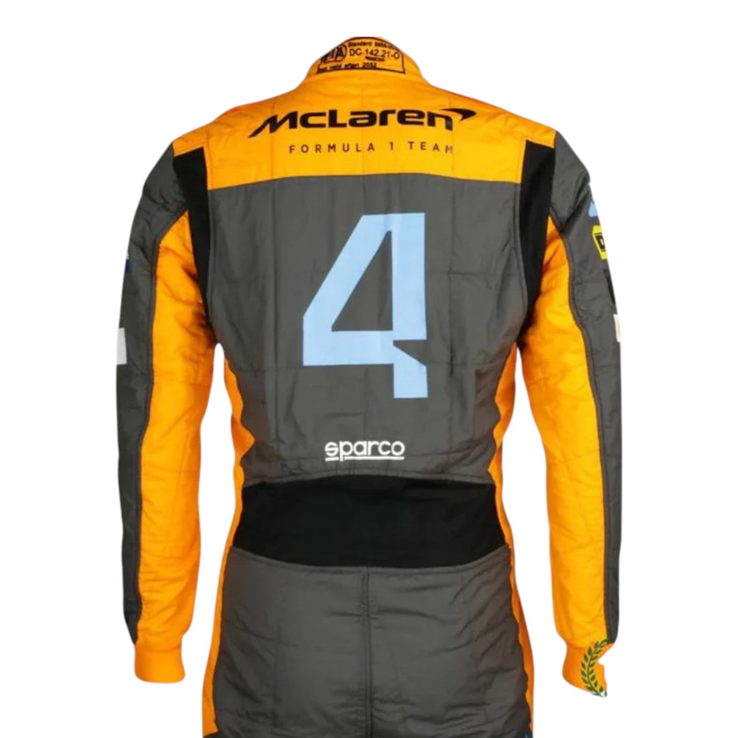 Lando Norris 2022 McLaren F1 race suit in papaya orange and grey with blue accents and sponsor logos
