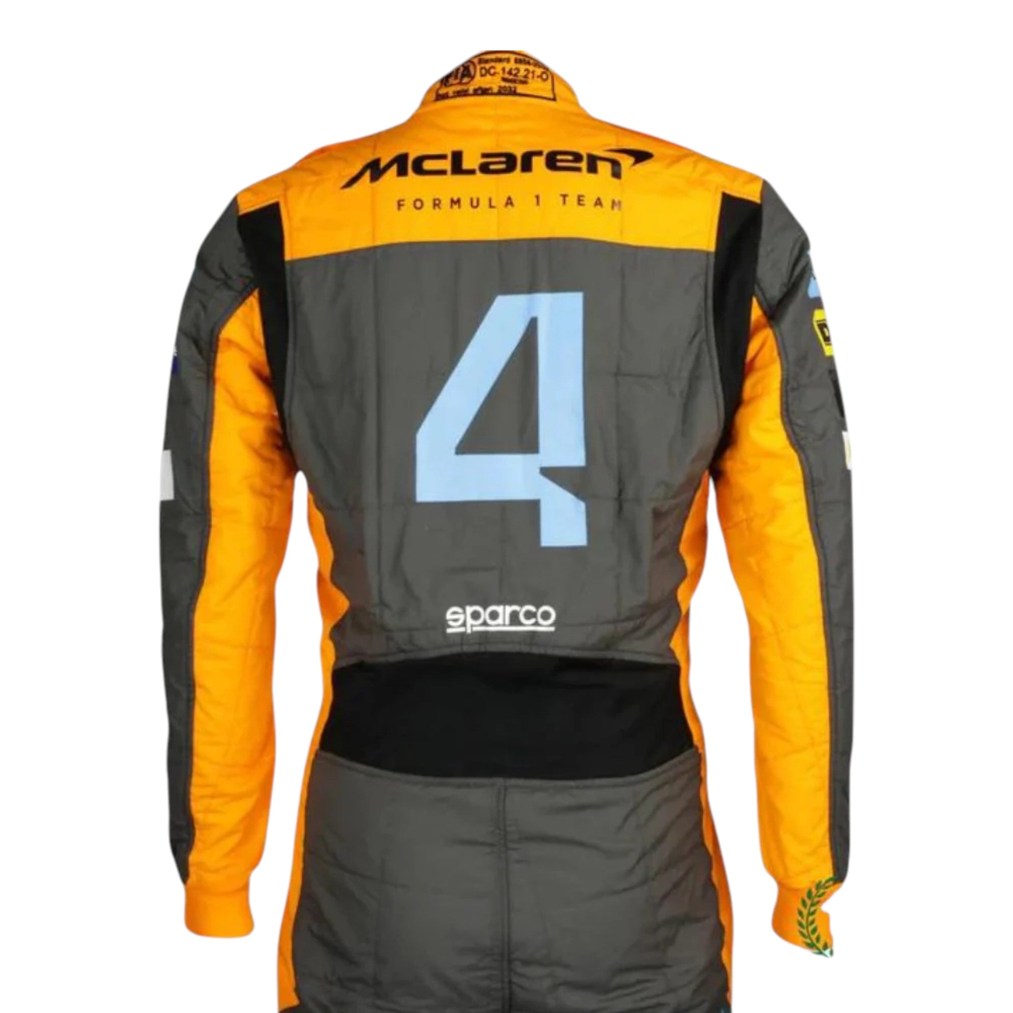 Lando Norris 2022 McLaren F1 race suit in papaya orange and grey with blue accents and sponsor logos