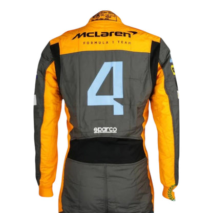 Lando Norris 2022 McLaren F1 race suit in papaya orange and grey with blue accents and sponsor logos