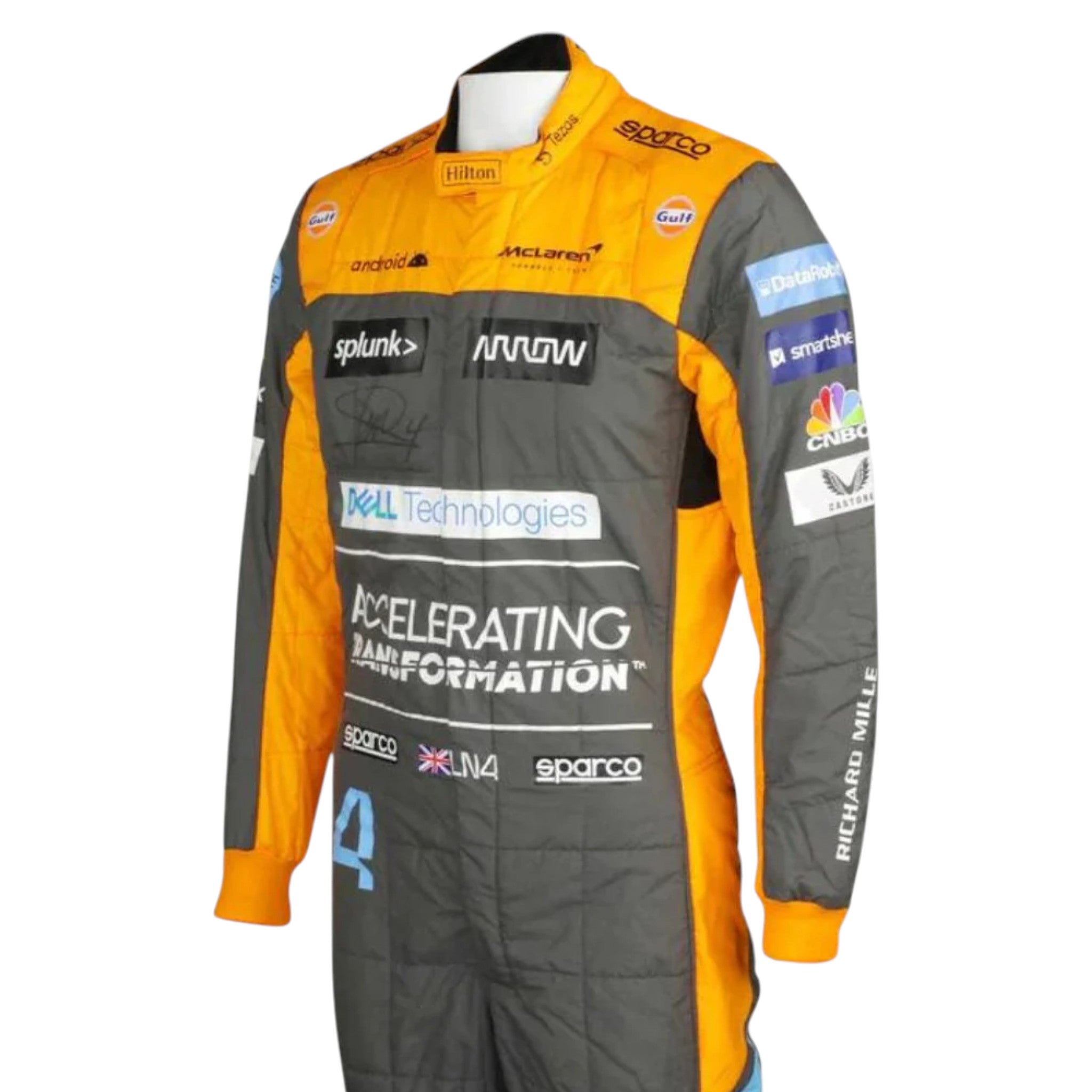 Lando Norris 2022 McLaren F1 race suit in papaya orange and grey with blue accents and sponsor logos