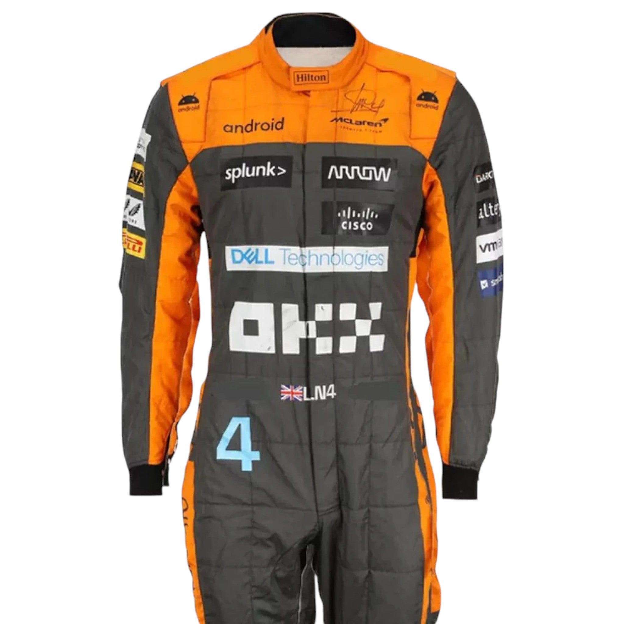 Lando Norris 2023 McLaren F1 race suit in papaya orange dark grey and blue with sponsor logos
