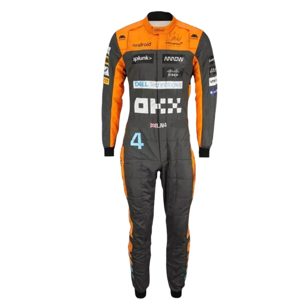 Lando Norris 2023 McLaren F1 race suit in papaya orange dark grey and blue with sponsor logos