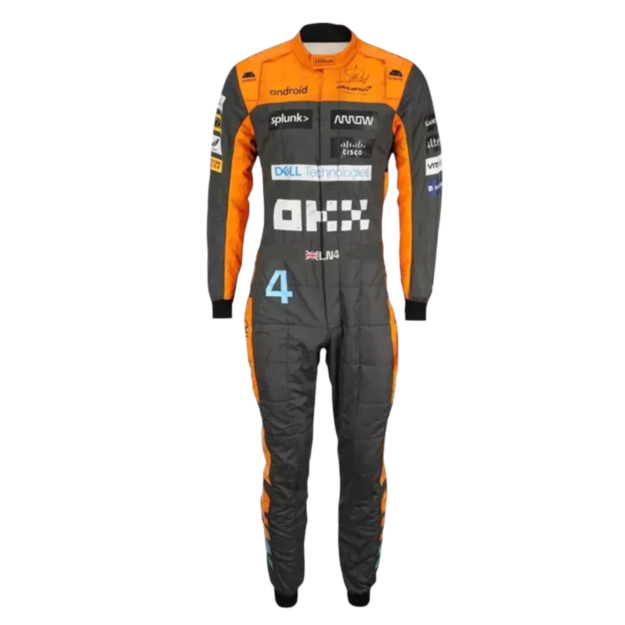 Lando Norris 2023 McLaren F1 race suit in papaya orange dark grey and blue with sponsor logos