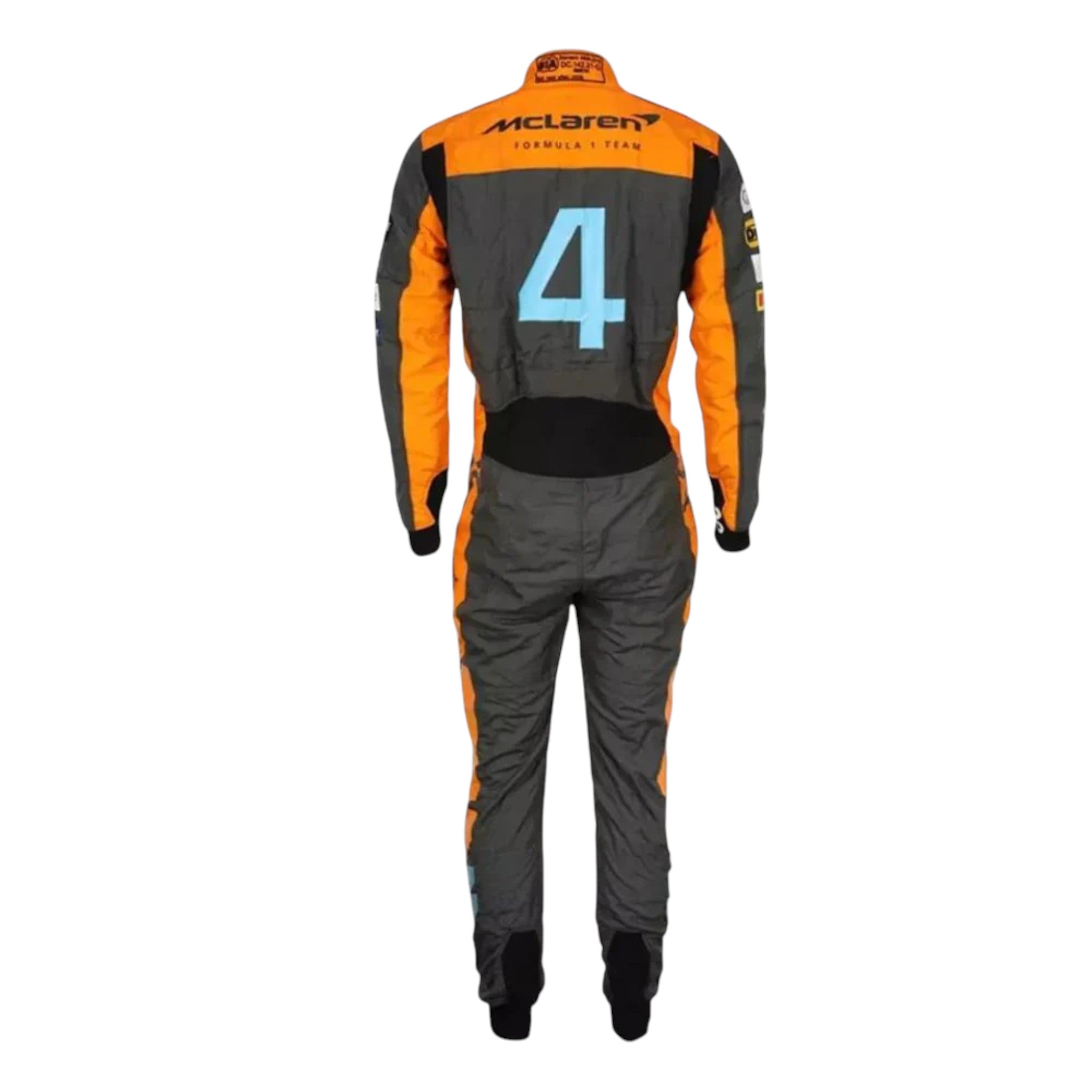Lando Norris 2023 McLaren F1 race suit in papaya orange dark grey and blue with sponsor logos