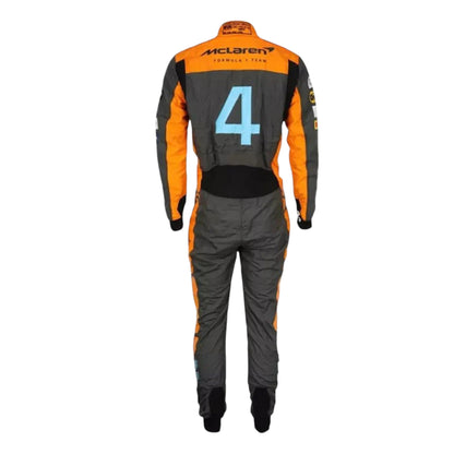 Lando Norris 2023 McLaren F1 race suit in papaya orange dark grey and blue with sponsor logos