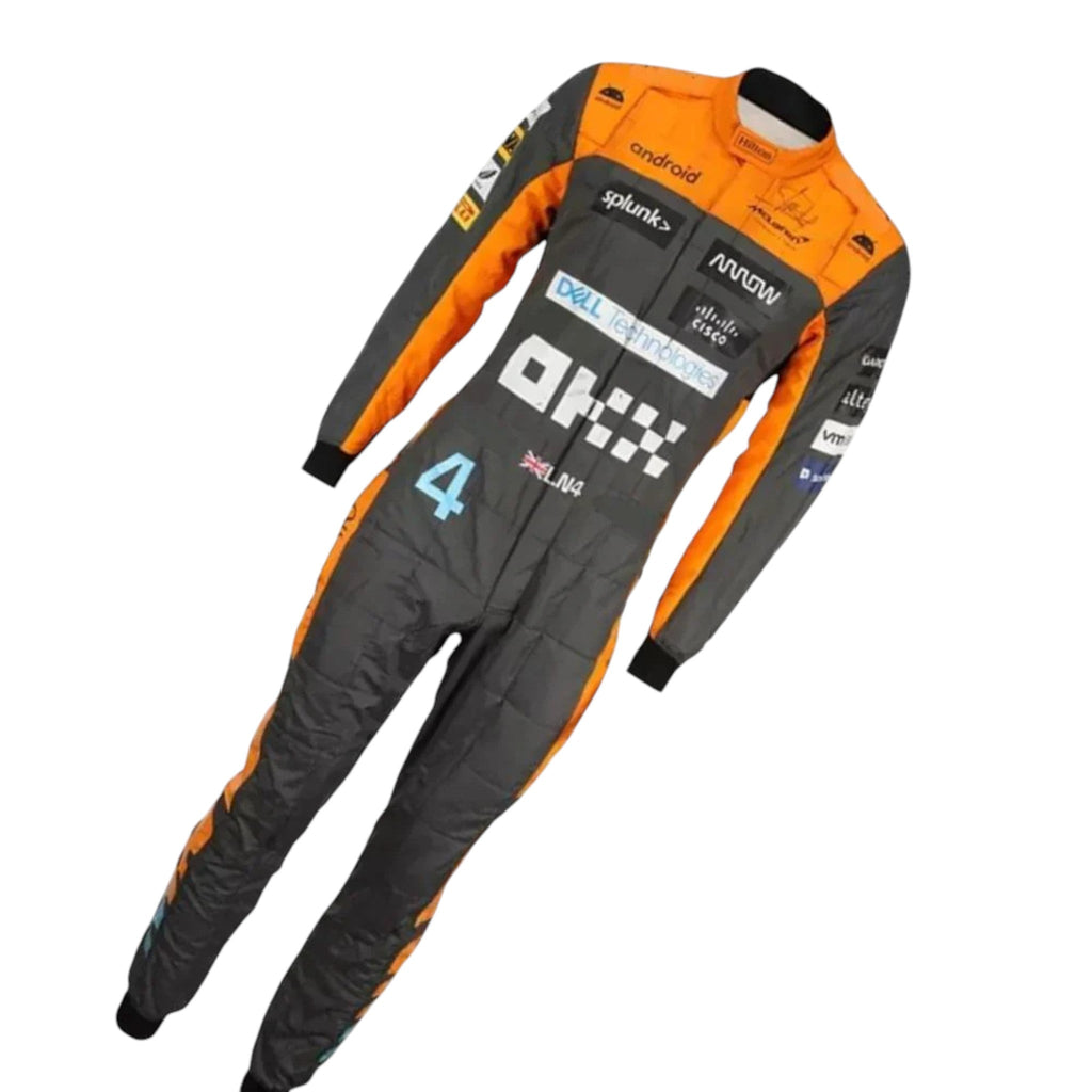 Lando Norris 2023 McLaren F1 race suit in papaya orange dark grey and blue with sponsor logos