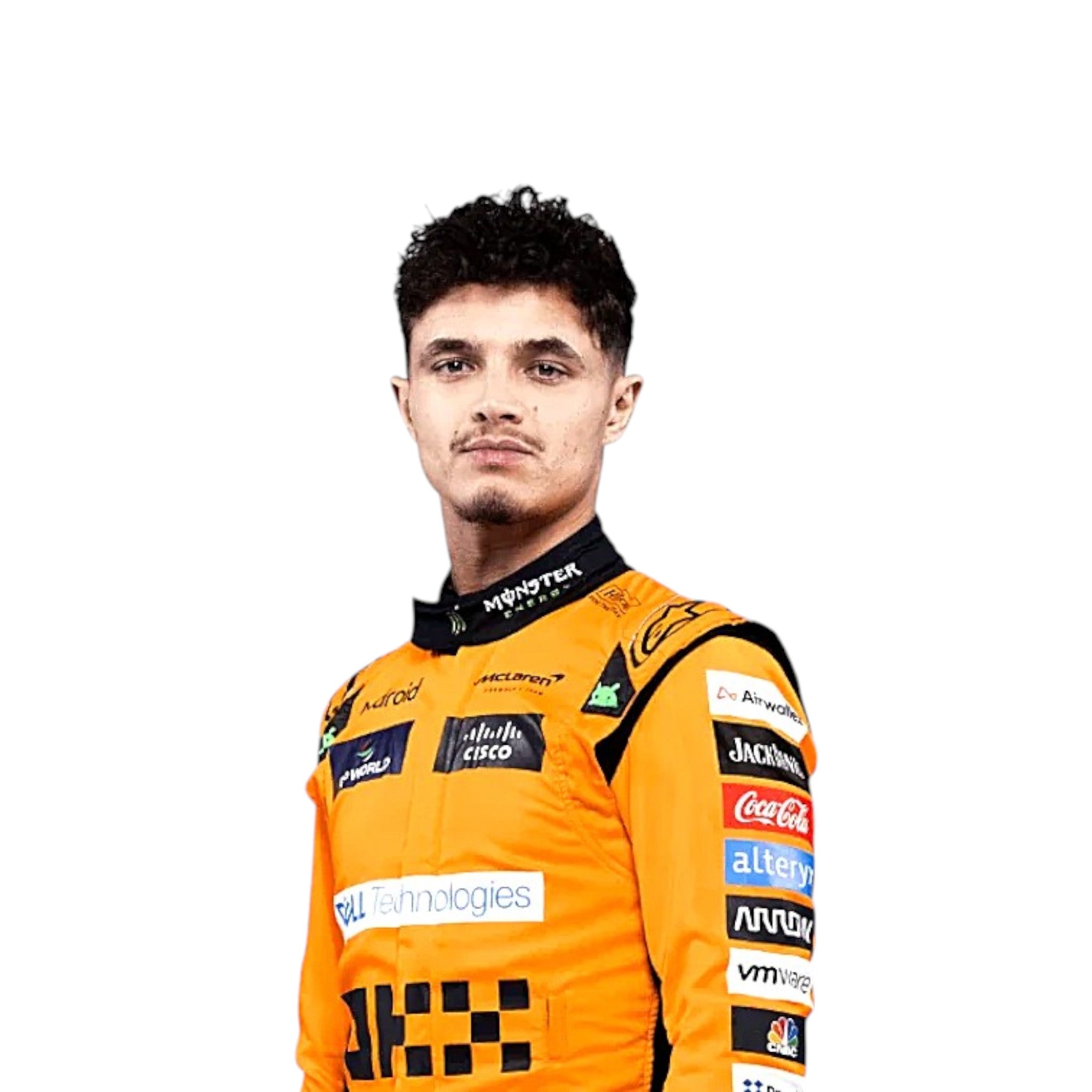 Lando Norris 2024 McLaren F1 race suit in papaya orange with black panels and sponsor detailing
