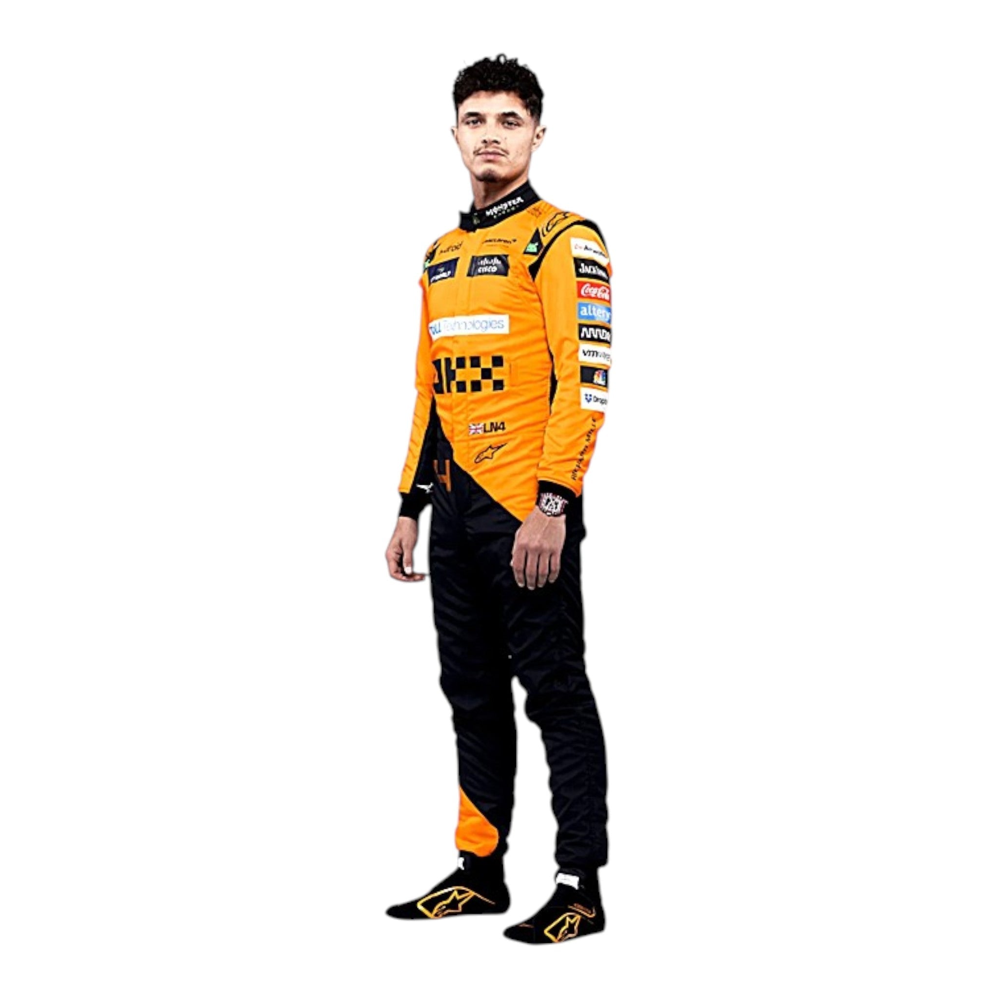 Lando Norris 2024 McLaren F1 race suit in papaya orange with black panels and sponsor detailing